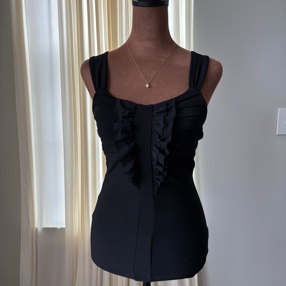 NWT White House Black Market Top XXS Black Romantic Ruffle Fitted Y2K Glam Siren